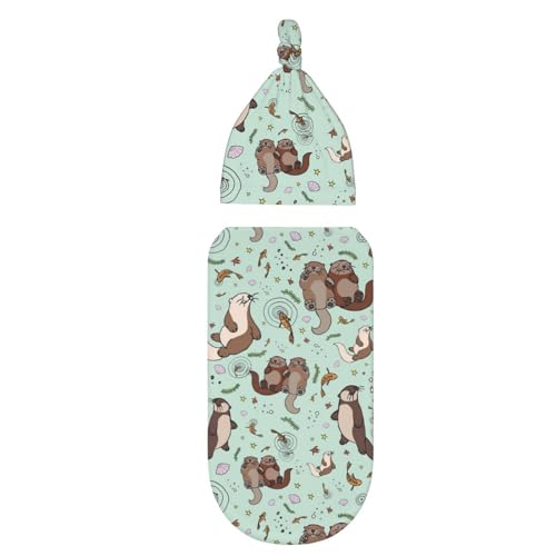 Image of Cute Sea Otters Newborn Swaddle Blankets Beanie Hat Sets, Soft Otter Baby Stuff Blanket Swaddle Sack for Baby Shower Infant Boy and Girl Gift