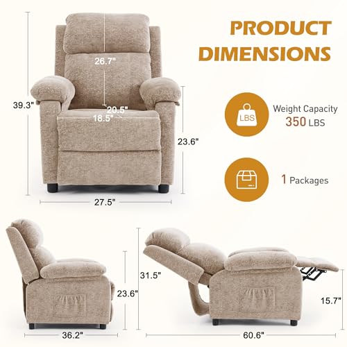 Image of Korser Recliner Chair, Living Room Chairs for Adults, Padded Deep Seat Reading Chair with Side Pockets, Small Recliners for Small Spaces, Lounge Chair for Living Room, Bedroom, and RV (Chenille)