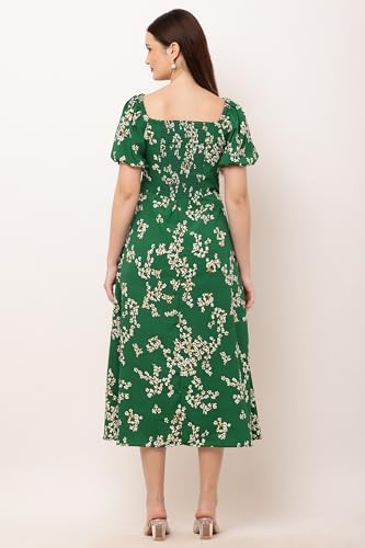 Image of Animal Print Tie-Up Neck Puff Sleeve Crepe A-Line Midi Dress