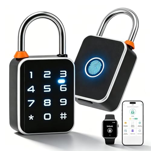 Image of Smart Fingerprint Padlock with Keypad, 4-in-1 Bluetooth App & Watch Unlock, IP65 Waterproof Gym Locker Lock, 80g Lightweight Keyless Combination Padlock for Outdoor Fence, Gate, Shed, Suitcase