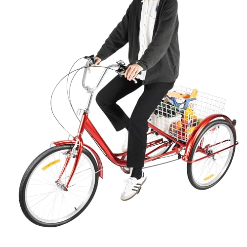 24 Zoll 6-Gang Dreirad für Erwachsene mit Licht & Einkaufskorb, 3-Rad-Cruiser-Fahrrad Lastenfahrrad Einkaufen Dreirad Erwachsenendreirad, Verstellbarer Sitz für Erwachsene SeniorenOutdoor-Sport
