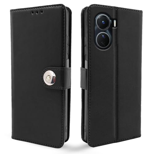Image of Pikkme Vivo Y16 Flip Cover Leather Finish | Inside TPU with Card Pockets | Wallet Stand and Shock Proof | Complete Protection Button Flip Case (Black)