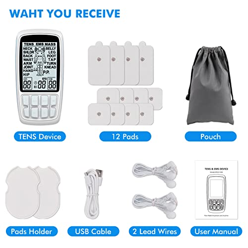 Conree Dual Channel Tens Unit Ems Muscle Stimulator With 24 Programs For Pain Relief Therapy, Rechargeable Pulse Massager Machine With Case And 12 Pads For Back, Shoulder, Waist, Arm, Leg #TOP6