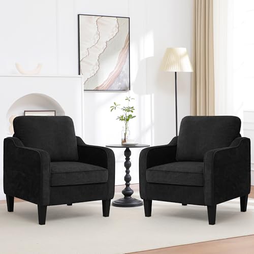 choairy Accent Chairs Set of 2, Upholstered Living Room Chairs with Side Pockets, Mid Century Modern Reading Chair for Bedroom, Comfy Armchair Single Sofa Side Chair for Office, Small Room, Black