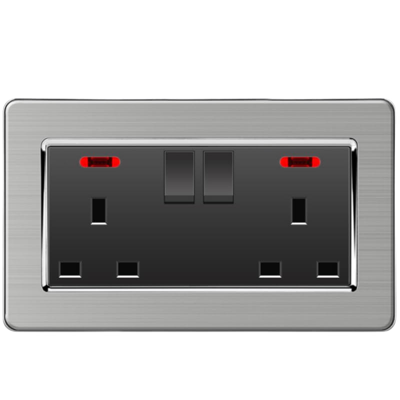 MEI JIA Brushed stainless steel panel Wall Switch Socket Double 13A, light dimmer, 20A, 45A, TV,TEL, Computer, cooker, door bell, Artistic Modern (13A Double Switched Power Socket)