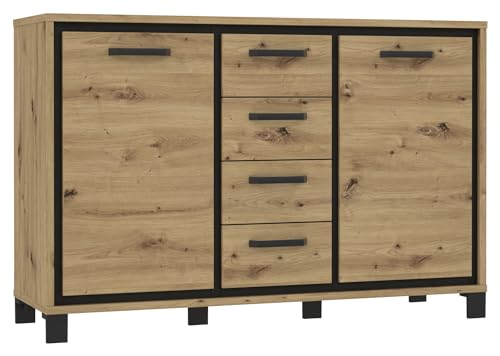 Forte TRONDHEIM Sideboard mit 4 Schubladen und 2 Türen, Holzwerkstoff, Artisan Eiche/Schwarz Eiche, B x H x T: 138,4 x 91,3 x 41,5 cm