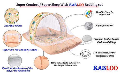 Image of Babloo Baby Bedding Set - Newborn Baby Bed with Mosquito Net, Mattress, Folding Travel Bed - Cotton, Orange (0-6 Months) - Boys & Girls Gift