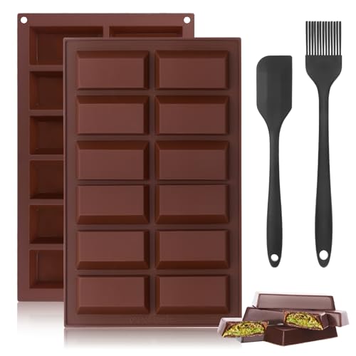 Deep Chocolate Bar Silicone Mould - Set of 2 for 12 Bars With Spatula and Brush, Suitable for Pralines (BPA Free)