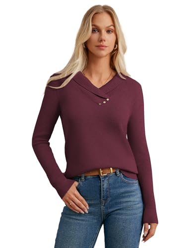 GRACE KARIN Sweaters for Women 2025 Fall Long Sleeve V Neck Collared Knitted Pullover Sweaters Dressy Casual Tops2