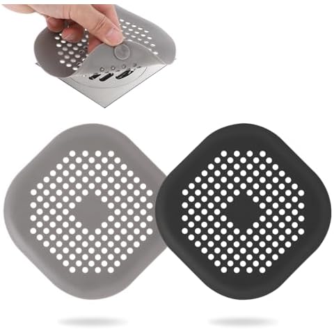 Oruola 2pcs Flat Shower Drain Hair Catcher,Square Shower Drain Hair Catcher,5.5In Silicone Hair Catchers for Shower Drain with Suction Cup Easy to Install Suit for Bathroom Bathtub Kitchen Black Grey Cover