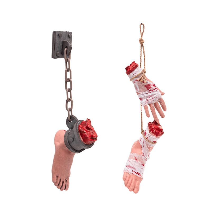 Runstarshow Halloween Decorations Hanging Horror Limb Props 2 Piece Fake Bloody Severed Hands Feet Creepy Body Parts for Haunted House Horror Party Accessories