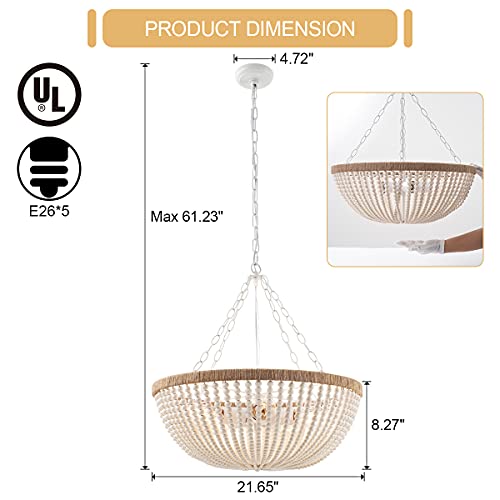 Elyccupa 5 Lights Bohemia Wood Beaded Chandelier Farmhouse Antique Rustic Pendant Light For Bedroom Kitchen Island Dining Living Room, White, Dia 22 Inch #TOP5