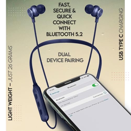 Image of Zimo AeroFlex Bluetooth 5.2 Wireless in-Ear Headphones, 18Hrs Playtime, Deep Bass, HD Calls, Dual Device Pairing, Voice Assist, Type-C Fast Charge Wireless Neckband, IPX4 (Navy)