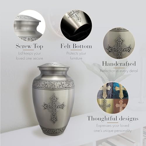 Image of Silver Cross Cremation Urn for Ashes Adult Male - Personalized Urn for Ashes for Women Decorative Urns - Beautifully Handcrafted Cross Urn