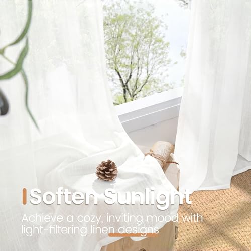 Image of BGment Short White Curtains 40 Inch Length for Small Window - Linen Semi Sheer Drapes with Rod Pocket Light Filtering for Cafe Bedroom Kitchen Lightweight Rustic, 2 Panels Set, 30 X 40 Inch