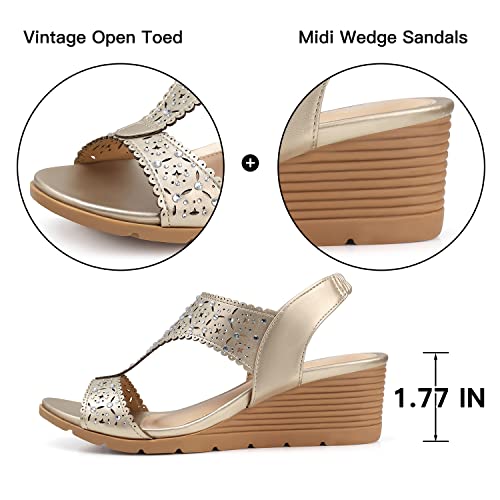 Shibever Womens Wedge Sandals Elastic Ankle Strap Open Toe Platform Sandals Rhinestone Hollow Out Summer Shoes Champagne 9 #TOP5
