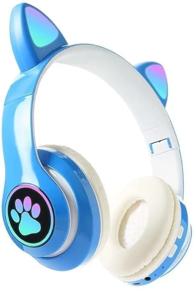 Fone De Ouvido Com Orelha de Gatinho Infantil Headphone Bluetooth com Luzes RGB para crianças e adolescentes (Azul/Branco)