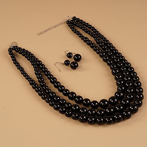 Chargances 3 Layered Beaded Strand Choker Pearl Statement Necklace And Earrings Set Round Ball Chunky Bib Collar For Women Girls Gift Festival Party (Black) #TOP3