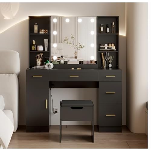 Vanity Desk With Led Lighted Mirror, Makeup Vanity With 10 Led Lights & 5 Metal Sliding Drawers, 3 Color Brightness Adjustable, Vanity Table With 6 Op