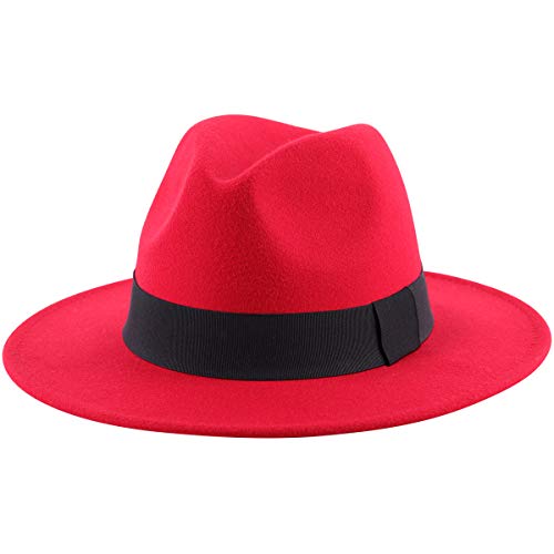 Lanzom Women Wide Brim Warm Wool Fedora Hat Retro Style Belt Panama Hat (Red, One Size)