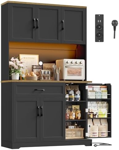 FirFurd Küchenschrank, Buffetschrank mit LED, Gewürzregal, Steckdosenleiste | Küchenschrank 100cm breit mit Arbeitsplatte, Vorratsschrank, Küchenbuffet Sideboard für Küche Wohnzimm