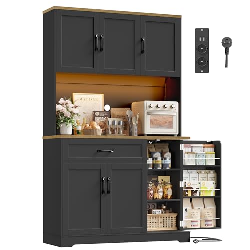FirFurd 180cm Küchenschrank mit LED & Gewürzregal Buffetschrank Sideboard für Küche mit Steckdosenleiste Küchenschrank mit Arbeitsplatte Küchenbuffet Küchenmöbel 180x100x38cm schwarz