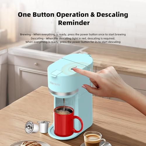 Image of Horavie Mini Single Serve Coffee Maker for K-Cup Pod and Ground Coffee, Fast Brew One Cup Coffee Machine with Descaling Reminder and Water Window, 6 to 12 oz. Brew Sizes, Light Blue