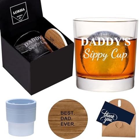 Daddy's Sippy Cup Whiskey Glass Set In Gift Box, Funny unique Gifts for New Dad, Father, Papa, Husband, Father's Day Gifts From Wife - 10 Oz Old Fashioned Glass & Ice Ball Mold & Coaster & Gift Card Cover