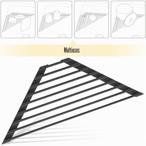 Miniatura 7 de Tomorotec Escurridor De Platos Enrollable Triangular Pequeño Con Revestimiento De Silicona, Marco De Acero Inoxidable Para Esquinas Del Fregadero, Escurridor Y Organizador Multiusos Para Ahorrar