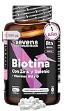 Biotina para el Cabello 10.000 mcg + Zinc + Selenio + B12 | 365 Comprimidos (1 año) | Crecimiento pelo mujer | Vitaminas para el cabello piel y uñas - Sevens