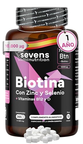 Biotina para el Cabello 10.000 mcg + Zinc + Selenio + B12 | 365 Comprimidos (1 año) | Crecimiento pelo mujer | Vitaminas para el cabello piel y uñas - Sevens