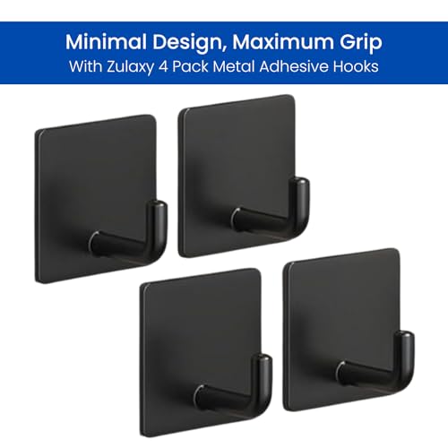 Image of Zulaxy Metal Wall Hooks, Self Adhesive Hooks for Bathroom, Kitchen, Towel, Key, Utensil, Heavy Duty Waterproof & Rustproof - No Drilling, Square Design (Pack of 4, Black)