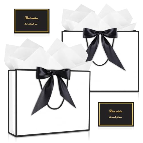 Image of JMANNI Gift Bags with Handles, 11 inch Small Gift Bag for Presents, 2 Pcs Bags with 4 Tissue Paper and 2 Cards for Baby Shower Wedding Bridal Shower Mother's Day Birthday Party (Black-White)