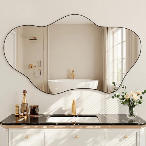 FlyEcho Irregular Wall Mirror, 24"x36" Wavy Cloud Bathroom Vanity Mirrors