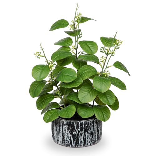 Arborus Plantas falsas de 14.1 pulgadas en macetas, ficus artificiales con semillas, plantas verdes artificiales de interior con macetas a rayas blancas y negras, vegetación artificial para decoración