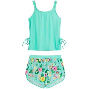 HOZIY Girls Swimsuit Two Piece Tankini Girls Bathing Suit with Boyshort Adjustable Strap Drawstring Kids Swimwear for 5-14Y