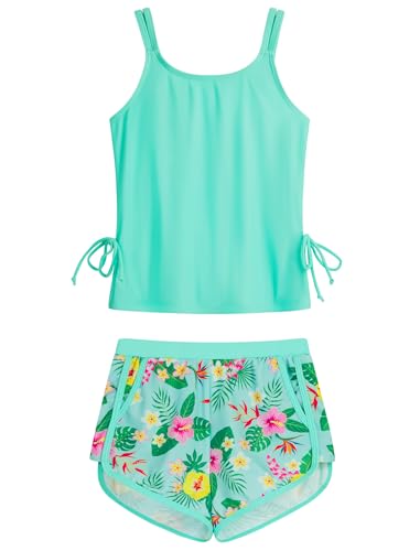 HOZIY Girls Bathing Suits Size 10-12 Tween Pink Tankini Swimsuit Pocket Shorts 2 Piece Teen Modest Drawstring Swimming Suits Swimwear Light Cyan Tropical