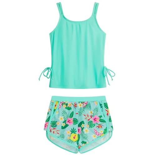 HOZIY Girls Swimsuit Two Piece Tankini Girls Bathing Suit with Boyshort Adjustable Strap Drawstring Kids Swimwear for 5-14Y Light Cyan Tropical 7-8 Years