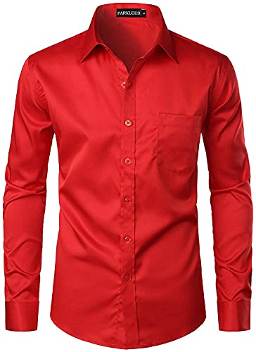 PARKLEES Chemise boutonnée élégante à coupe ajustée, manches longues et poche, style urbain, décontracté ou affaires, pour hommes, Rouge, M