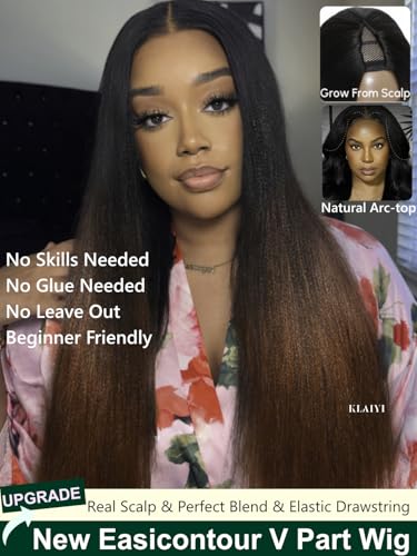 Image of KLAIYI Ombre Reddish Brown Yaki Straight V Part Wig Human Hair Upgrade U Part Wig with Dark Roots No Leave Out Drawstring Clip In Half Wigs Glueless 30S Ready to Wear and Go Natural Hairline 16Inch