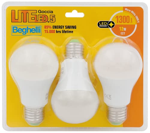 Beghelli - LITELED6 Lampadine Led E27 Luce Calda, Blister Pack 3x, Lampadina Led a Goccia 13W, 1400lm, 3000K