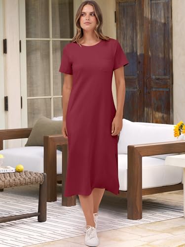 Image of ANRABESS Womens Midi Dress,Summer Long Tshirts Dresses,Short Sleeve Split Stripe,Comfy Travel Beach Vacation Casual Wear