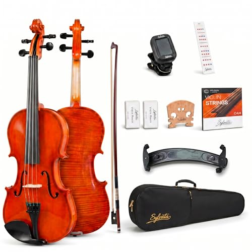SYLVATA 4/4 Full Size Violin Starter Kit, Acoustic Fiddle for Beginners & Students, Tiger-Striped Violin 4/4 Full Size with Ebony Fittings, Includes Alice Bow, 2 Bridges, Tuner, and Case