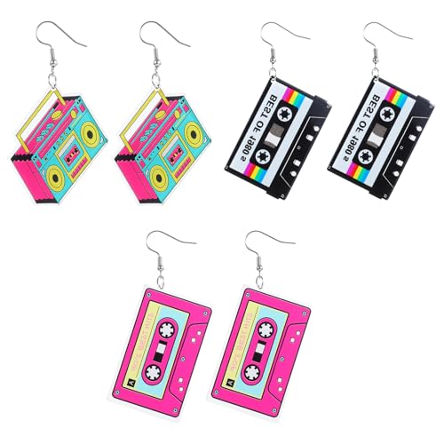 3Pairs Vintage Cassette Tape Earrings 80s 90s Earrings for Women Retro Geometric Drop Dangle for 80's Outfits Cosplay Glow Party Music Party 70s 80s 90s Accessories