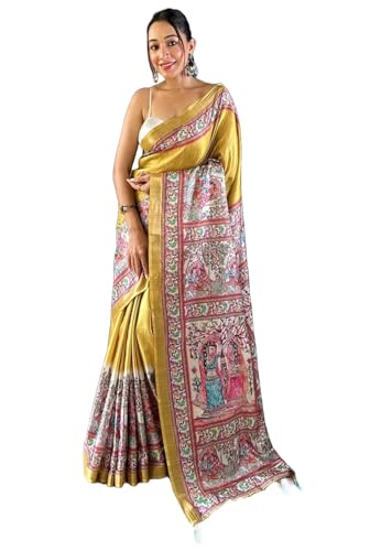 Image of Panzora Women's Tussar Silk Madhubani Printed Saree With Unstitched Blouse Piece