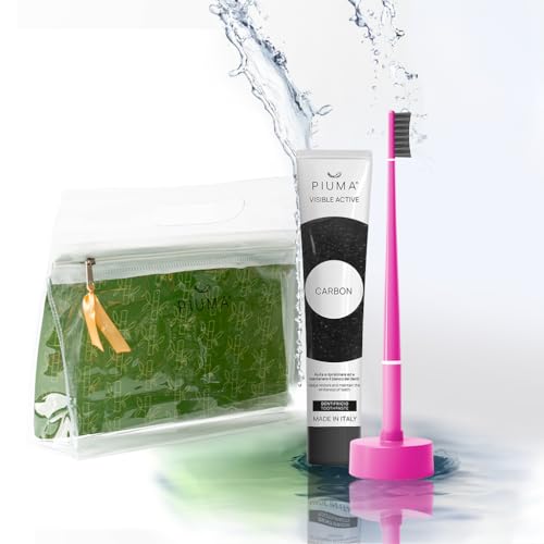 Piuma Care Set Regalo per Lei Cura Orale con Carbone Attivo e Bamboo, Magenta – Dentifricio Sbiancante e Spazzolino Denti Bianchi con Setole Attive, Supporto Calendario, Pochette Elegante