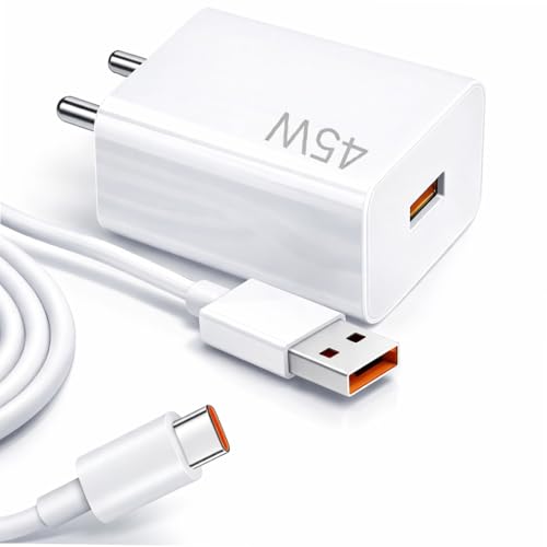 Image of 45W Turbo Fast Charging Adapter with USB Type-C Turbo Charging Cable Compatible with Redmi Note 13, Note 13 Pro+, Redmi 12 5G, 13C, Note 12 Pro, Note 11 Pro, Poco X5 Pro,F4 & X3 Pro (White)
