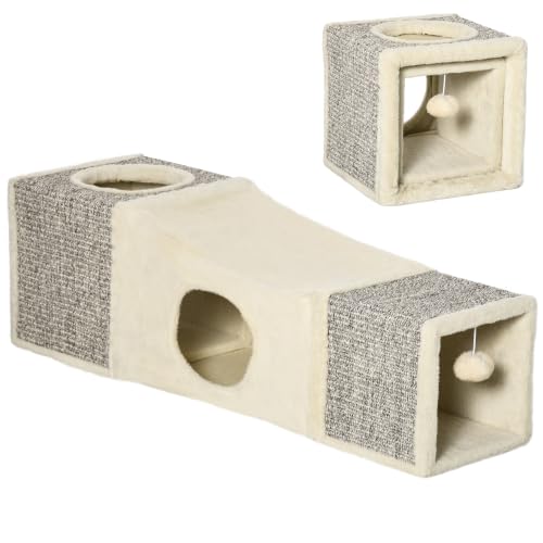 PawHut Katzentunnel Faltbar mit Ball für Katzen 98 x 30 cm Braun+Beige