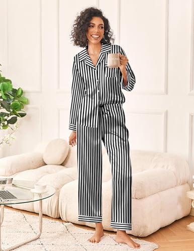 Image of Ekouaer Womens Silk Satin Pajama Sets 2 Piece Sleepwear Pjs Set Long Sleeve Button Down Top and Pants Stripe Loungewear S-XXL