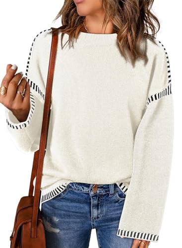 Image of Women's Crewneck Long Sleeve Sweater Casual Fall Contrast Ribbed Knit Pullover Jumper Tops